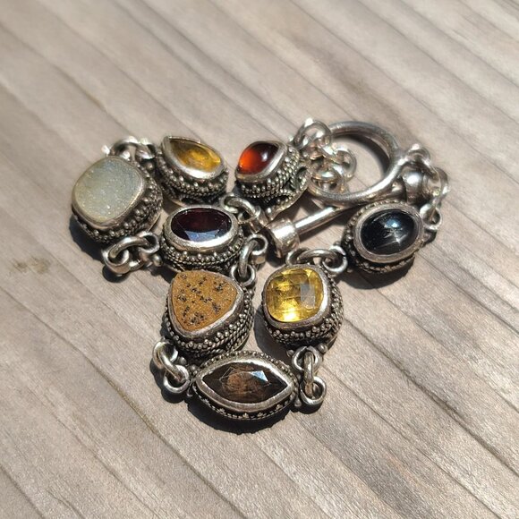 Handmade Sterling Silver Toggle Bracelet with Multi Gemstones and Ornate Detail - Picture 8 of 12